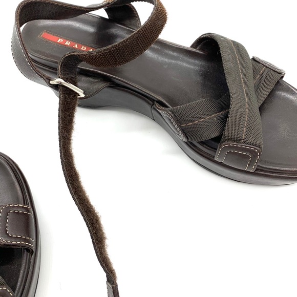 Prada Brown Leather Canvas Platform Sandals - Picture 11 of 11